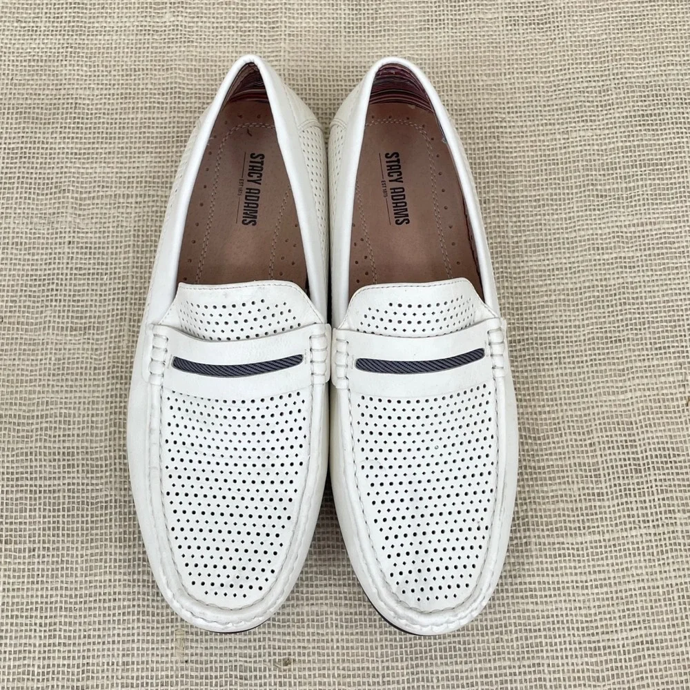 Stacy Adams Mens White Perforated Penny Loafers Driving Mocs 11 M 25513-100‎